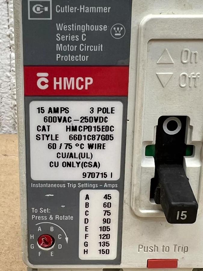 Used Eaton Cutler Hammer Westinghouse HMCP015E0C Motor Circuit Protector 3 Pole 15Amp