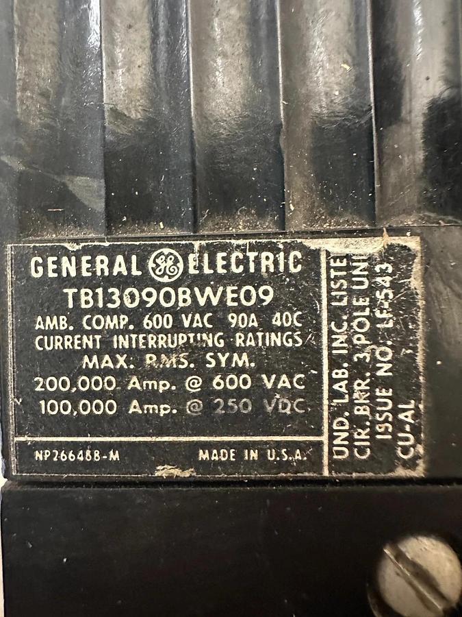 Used General Electric TB13090BWE09 90A 3 Pole Circuit Breaker