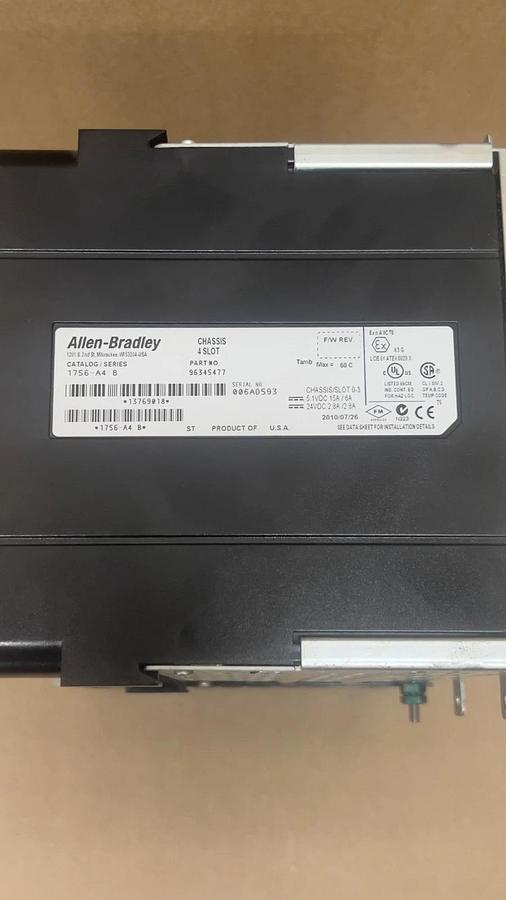 Used Allen Bradley 1756-PA72 Ser C Power Supply with 1756–A4 Ser B 4 Slot Chassis