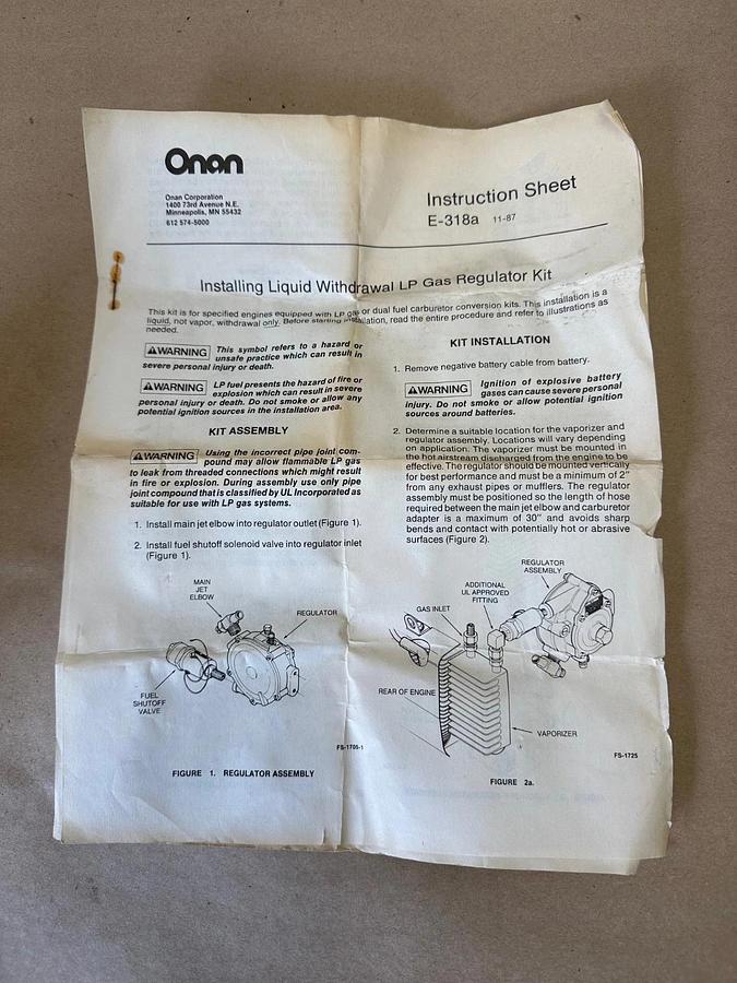 Used ONAN 148-0904 Liquid Withdrawal LP Gas Regulator Kit *NEW*