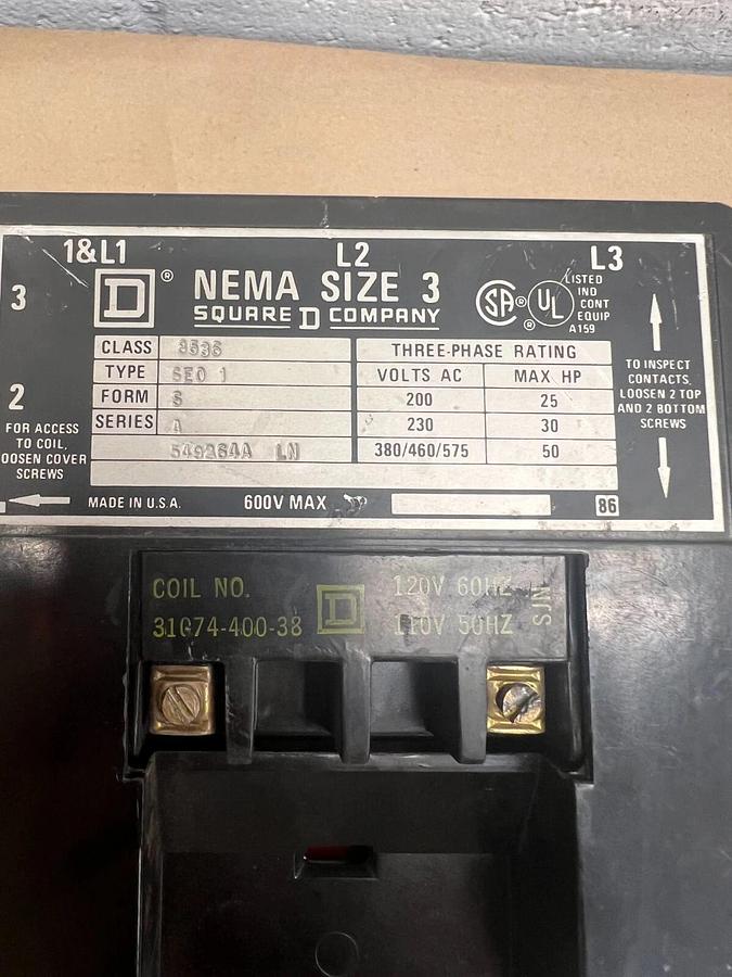 Used Square D 8536 Type SE0 1, NEMA Size 3, 600VAC Max Starter