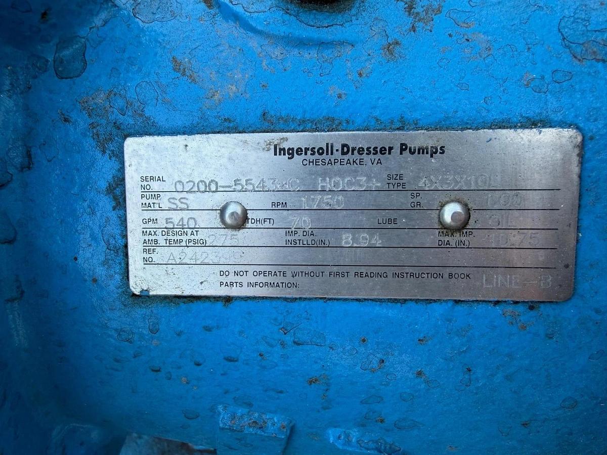 Used Ingersoll-Dresser 4x3x10L Centrifugal Pump Skid, 15Hp Motor @ 1750RPM