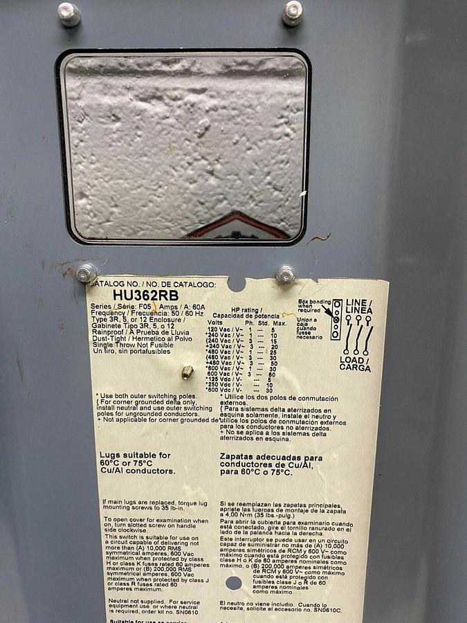 Used Square D HU362RB Heavy Duty Safety Switch, 60 AMP, 600 VAC