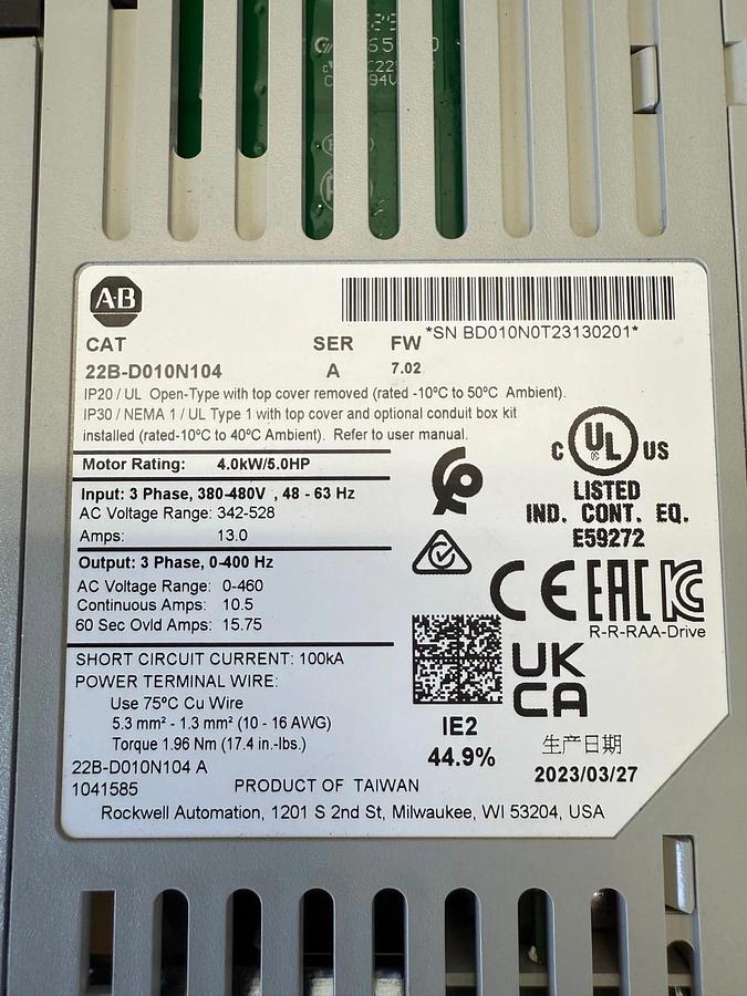 Used Allen-Bradley 22B-D010N104 Ser A PowerFlex 40, with 22-JBCB Conversion Kit Box