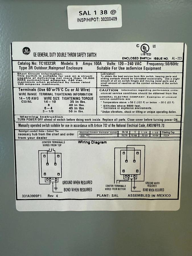 General Electric TC10323R Emergency Power Transfer Switch, 100A *NEW*
