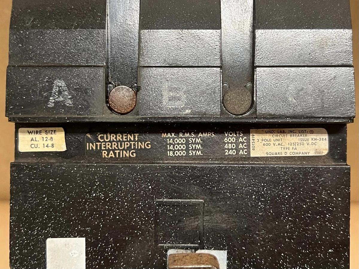 Used Square D FA-36015 3 Pole, 15A, 600VAC Circuit Breaker