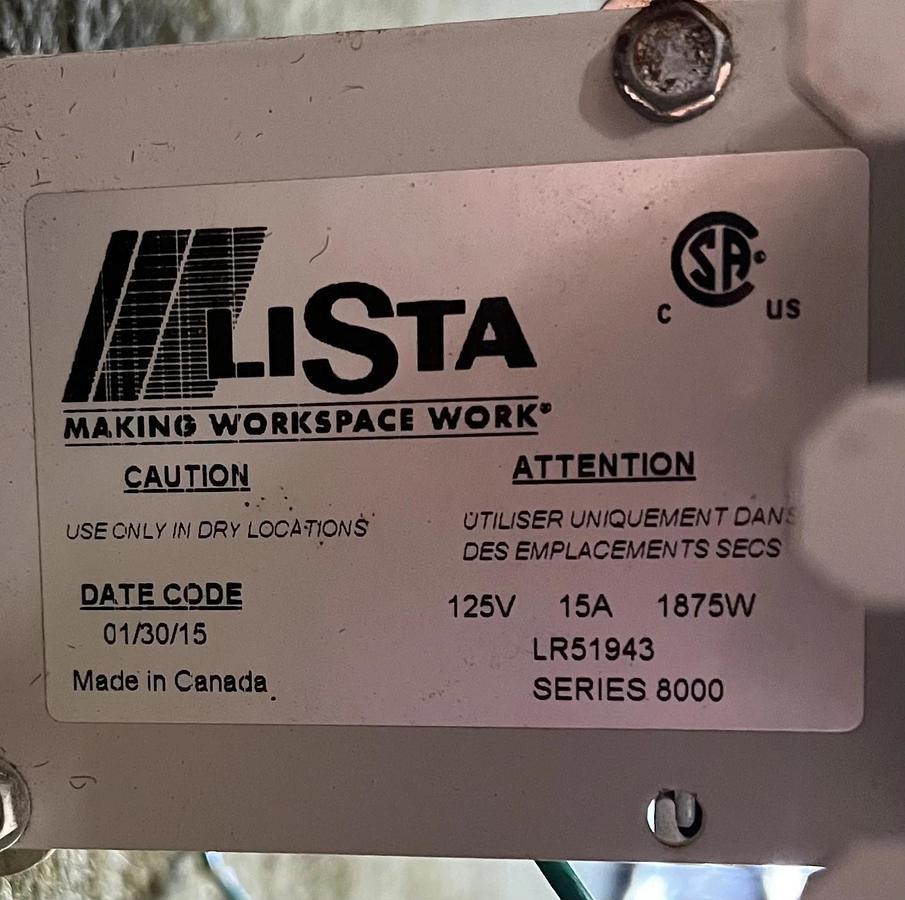 Used Lista LR51943 Series 8000 Workbench Power Strip, 125V, 15A, 1875W, 71"L