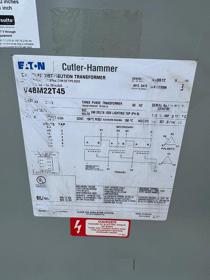 Used Eaton/ Cutler Hammer V48M22T45 Dry Type Distribution Transformer Ser B, 45kVA