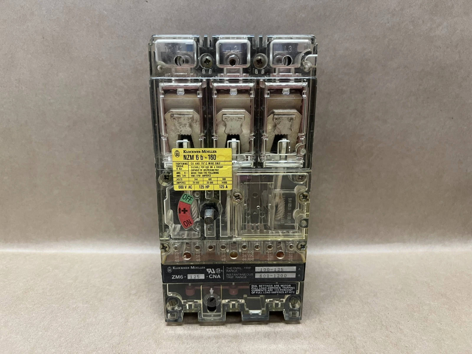 Used Klockner Moeller ZM6-125-CNA NZM 6b-160 600VAC, 125HP, 125A Circuit Breaker