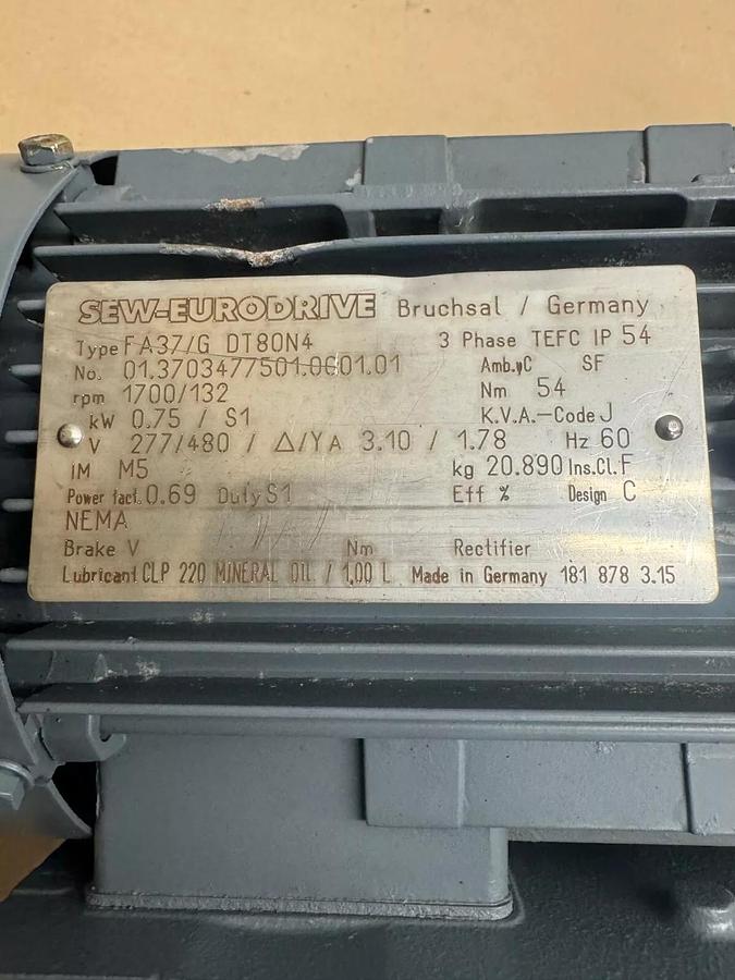 Used SEW-Eurodrive FA37/G DT80N4 w/ 0642 146 6/M15 Gear Reducer, 1700/132 RPM, .75 KW