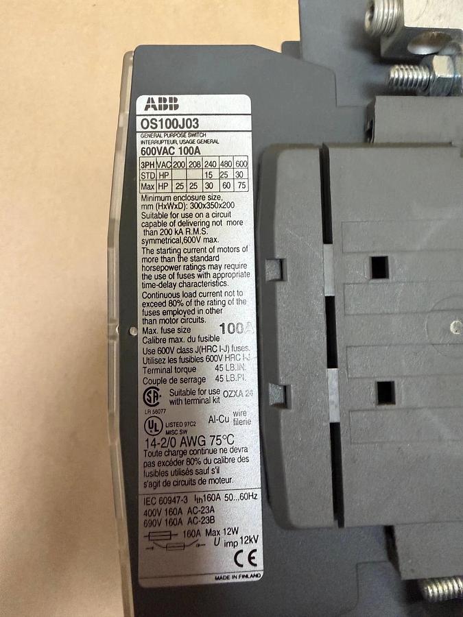 Used ABB OS100J03 Fused Disconnect Switch 100A 600VAC