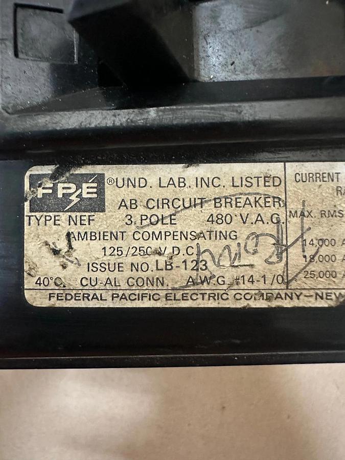 Used Federal Pacific Electric Company NEF 70A 3 Pole Circuit Breaker