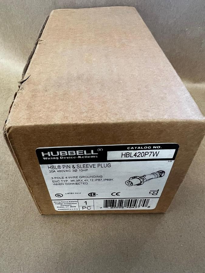 Used Hubbell HBL420P7W IEC Pin & Sleeve Plug 20A 480VAC 3 Pole