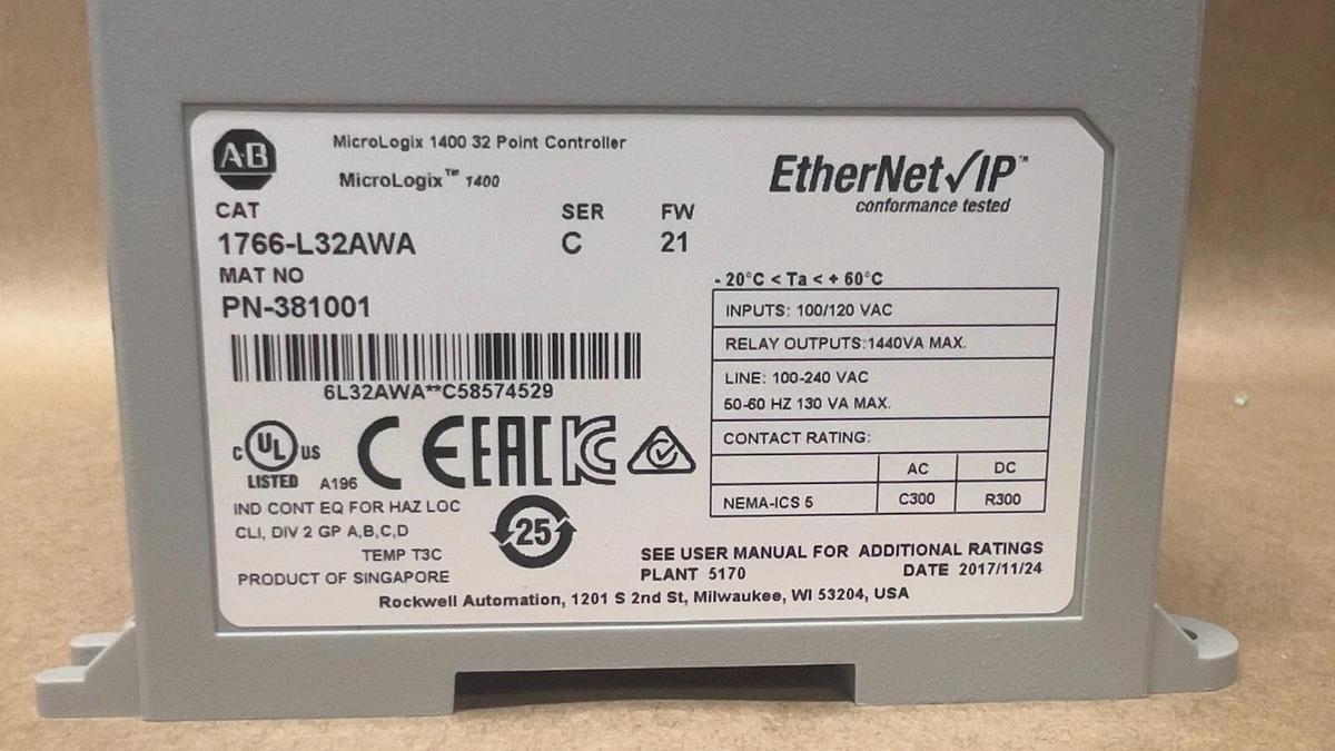 Used Allen Bradley 1766-L32AWA Ser C MicroLogix 1400 32 Point Controller