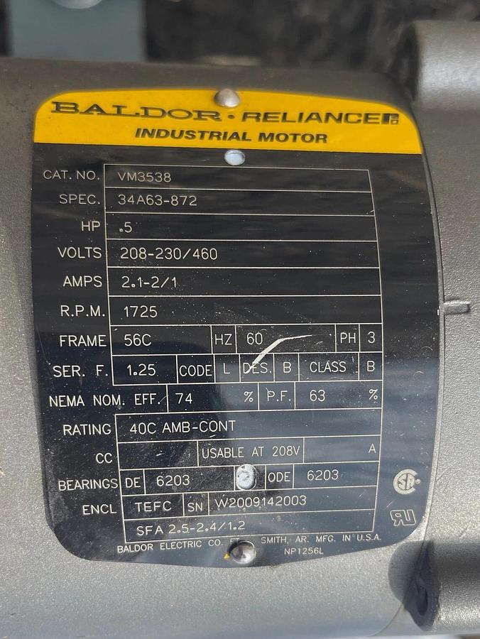 Used Conveyor Belt W:33.75” L:144” Longitudinal Groove Belt, Baldor 1/2Hp 1725 RPM