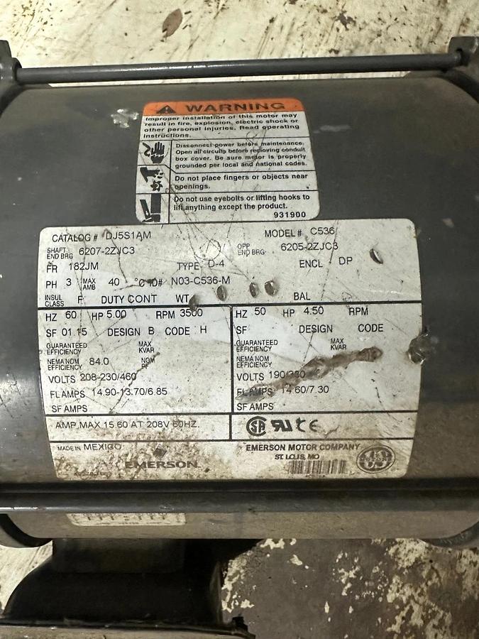 Used Emerson C536 5.0Hp Motor @ 3500RPM, 208-230/460V, Phase 3, 60Hz