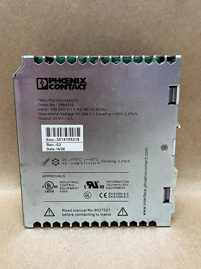 Used Phoenix Contact TRIO-PS/1AC/24DC/5 50-60 Hz, 100-240V, TRIO Power Supply
