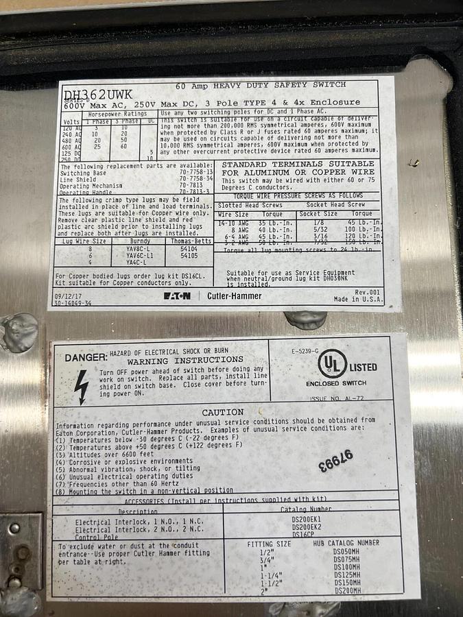 Used Eaton DH362UWK Heavy Duty Safety Switch 600V, 60A