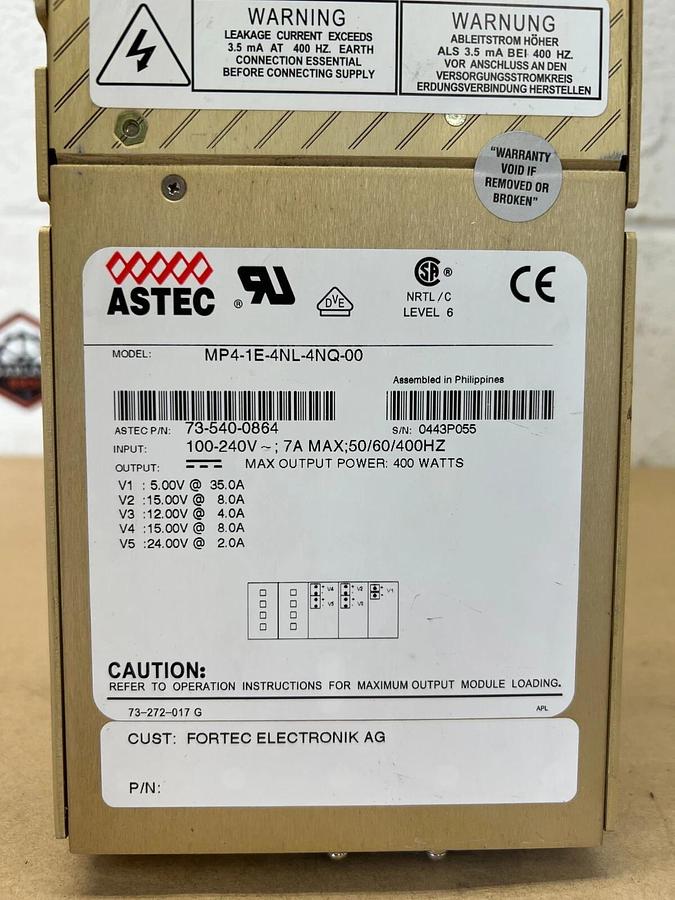 Used Astec MP4-1E-4NL-4NQ-00 Power Supply, 100-240V ~ 7A MAX; 50/60/400Hz