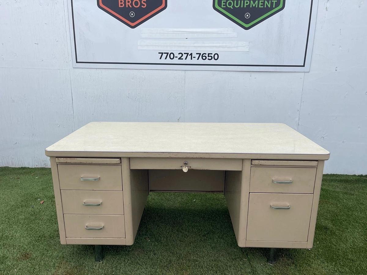 Used Vintage Tank Desk, 5 Drawer, Beige Frame, Metal, Top Length: 60”, Top Width: 30”