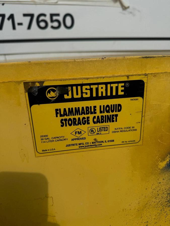 Used Justrite 25300 30 Gallon Flammable Liquid Storage Cabinet, 43” x 18” x 44”