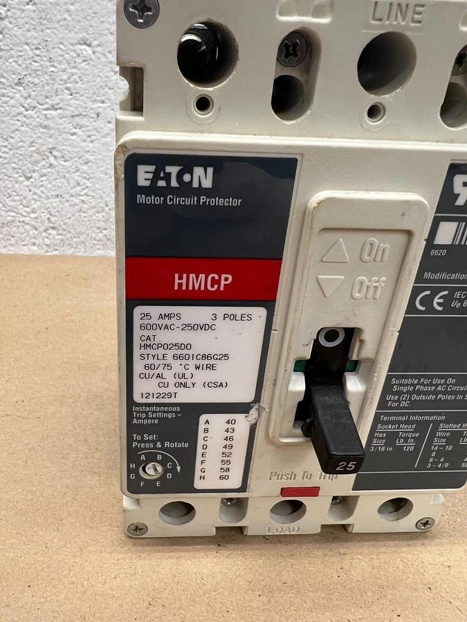 Used Eaton HMCP025D0 25A, 3 Pole, 600VAC-250VDC Motor Circuit Protector