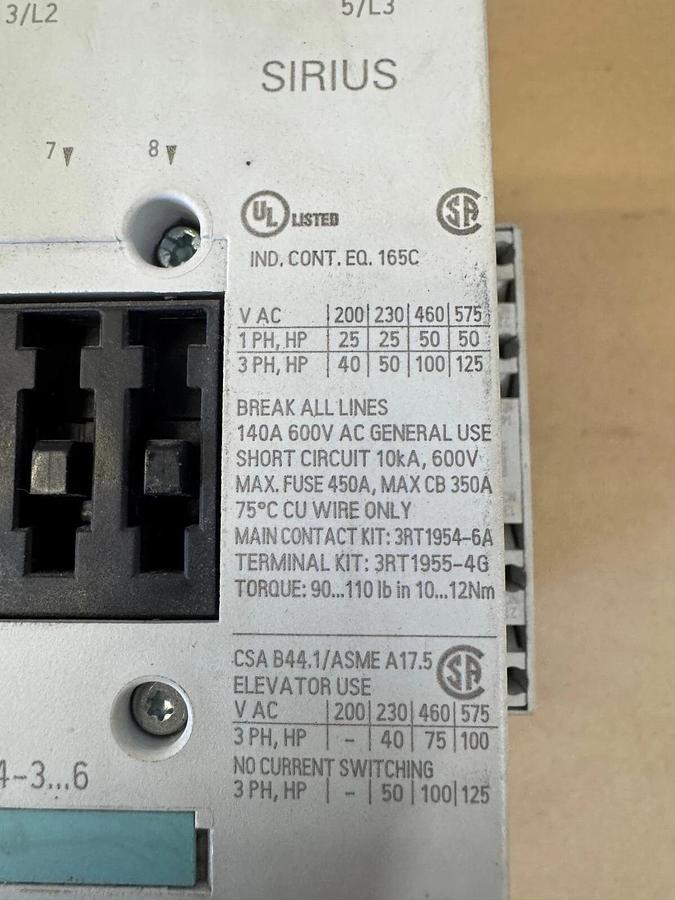 Used Siemens 3RT1054-3 Contactor Motor Control, w/ (x2) Siemens 3RH1921-2DA11