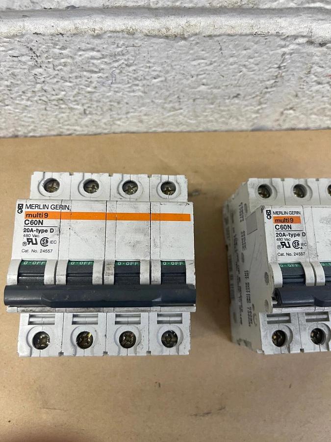 Used Merlin Gerin C60N, Multi 9, 20A-Type D, 480 VAC Circuit Breaker - Lot of 2