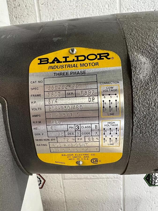 Used Baldor 35L262-86 Industrial Motor 3PH, 56 CZ Frame, 60 Hz, 1725 RPM