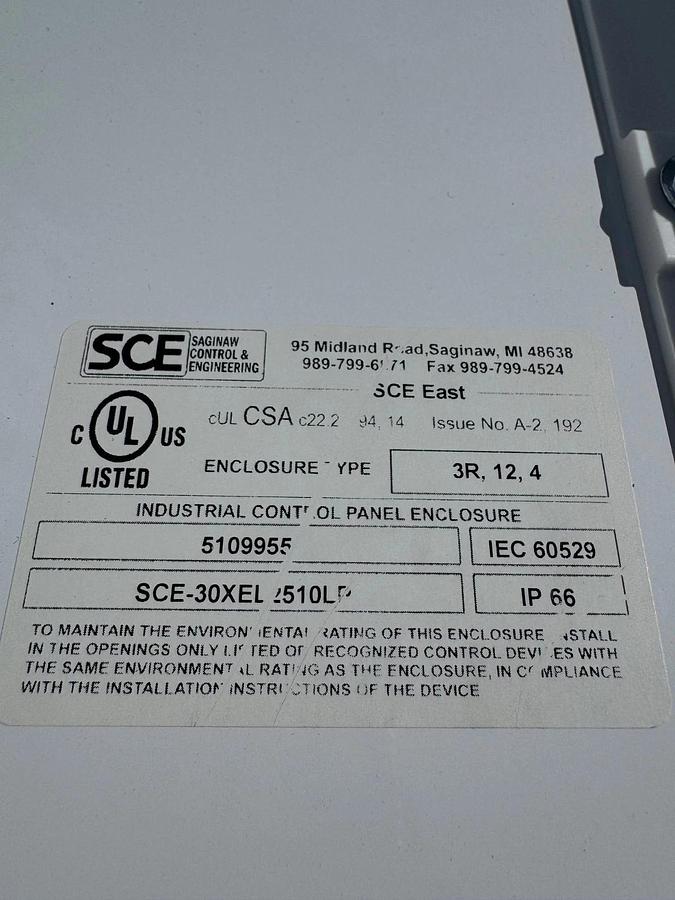 Used Saginaw Control & Engineering SCE-30XEL2510LP XEL LP Enclosure H:30”W:25.38”D:10