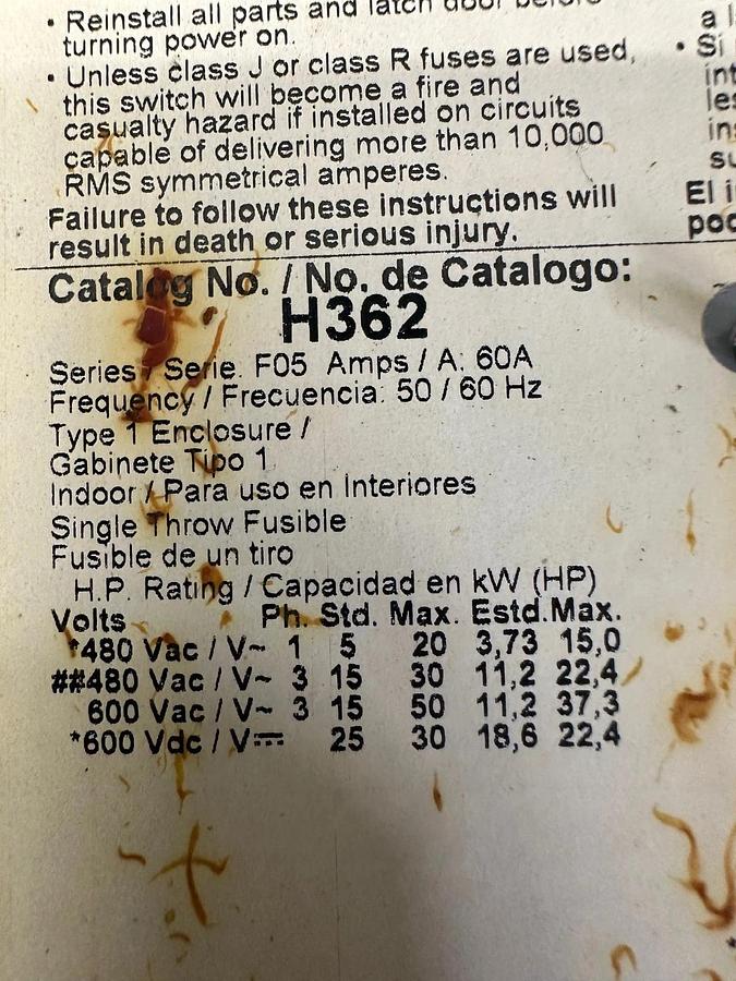 Used Square D H362 Heavy Duty Safety Switch 60A, 600VAC