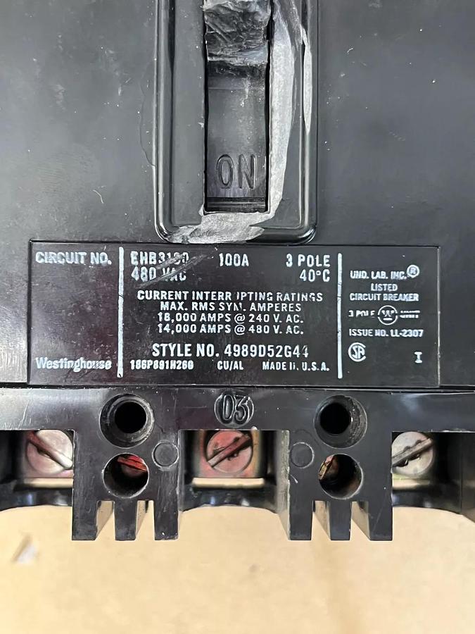 Used Westinghouse EHB3100 100A, 3 Pole Circuit Breaker