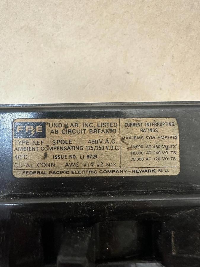 Used Federal Pacific NEF 15A 3 Pole Circuit Breaker