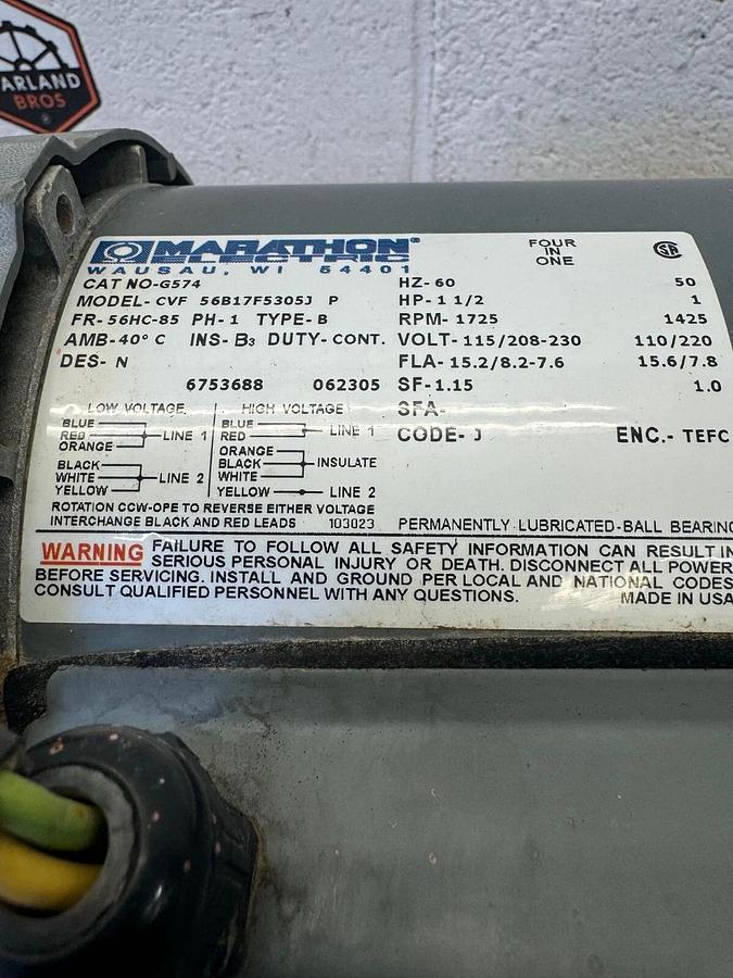Used Marathon 56B17F5305J Motor, 1.5 HP, 1725 RPM, 115/230V, 60 Hz