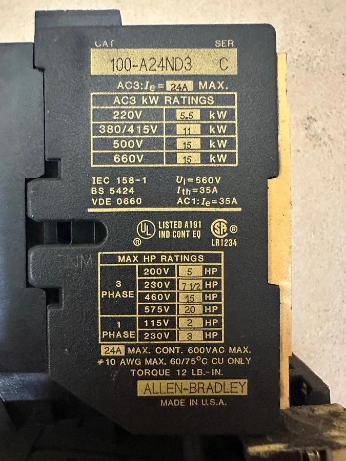 Used Allen Bradley 100-A24ND3 Contactor w/ 193-BSC 24