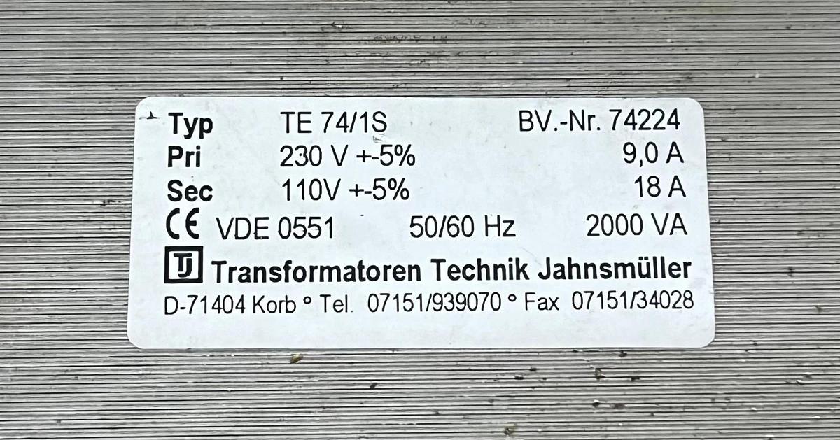 Used Technik Jahnsmüller TE 74/1S 2000VA, 50/60Hz, 230V BV.-Nr.74224 Transformer