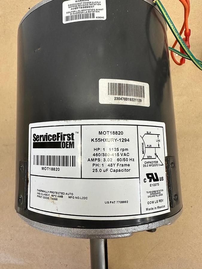 Used ServiceFirst OEM MOT18820 Condenser Fan Motor, 1 Hp, 1125RPM, 460VAC