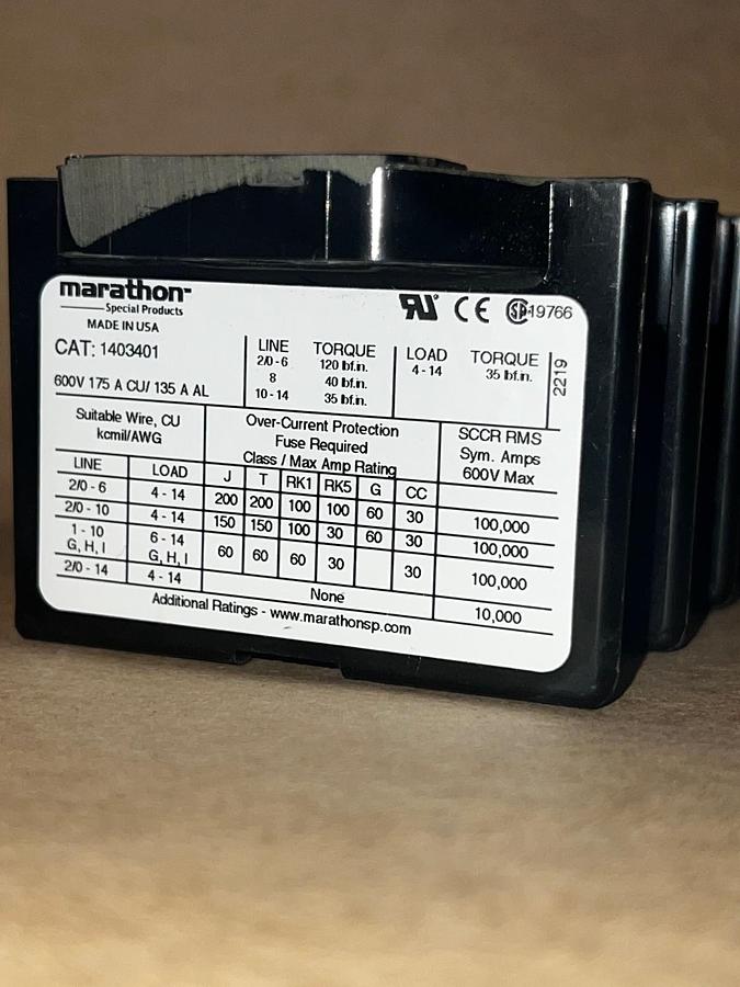 Used Marathon 1403401 Terminal Block 3 Pole 600V 175A *NEW*