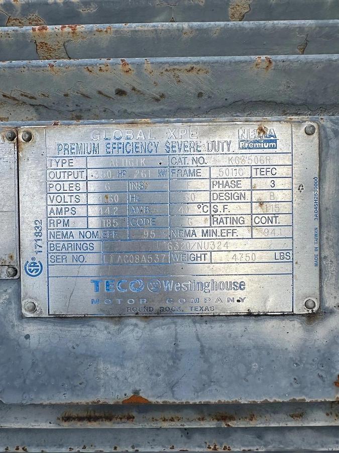Used TECO Westinghouse Motor AEHGTK 350Hp, 1185RPM, 4160V, 3 Phase, FR 5011C, 60Hz