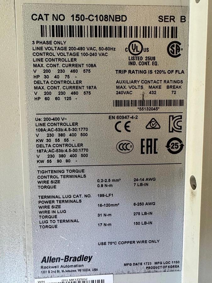 Used Allen Bradley 150-C108NBD Smart Motor Controller/Soft Start, SMC-3, 3 Ph