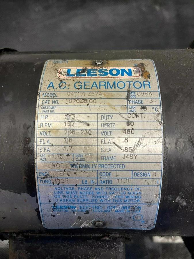 Used Leeson C4T17FZ57A, A.C. Gearmotor, 460 V, 60 Hz, 125 lbs of torque