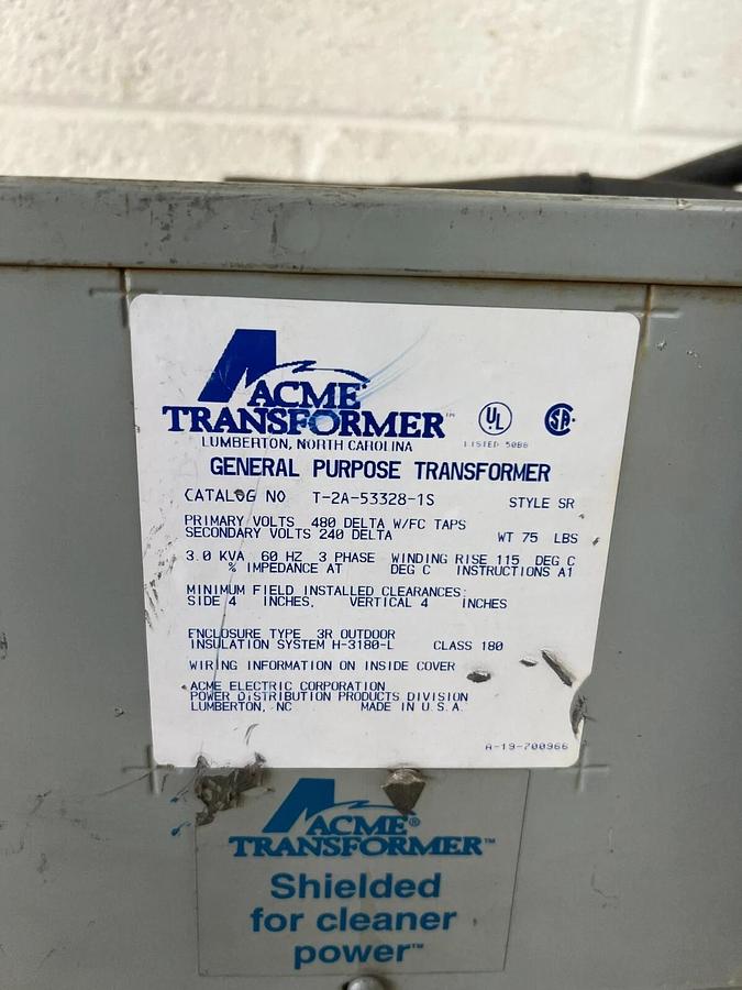 Used Acme T-2A-53328-1S General Purpose Transformer, 480V Outdoor Enclosure Type