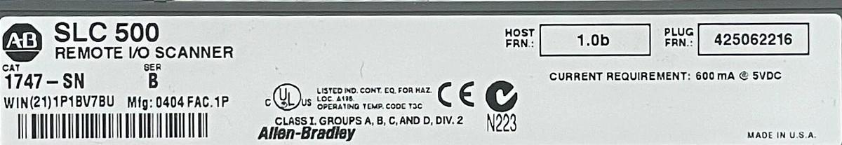 Used Allen Bradley SLC 500 1747-SN Ser B Remote I/O Scanner