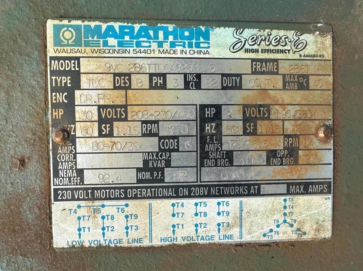 Used Marathon Electric 9VC 286TTDC4026BB S 30Hp Motor @ 1770Rpm