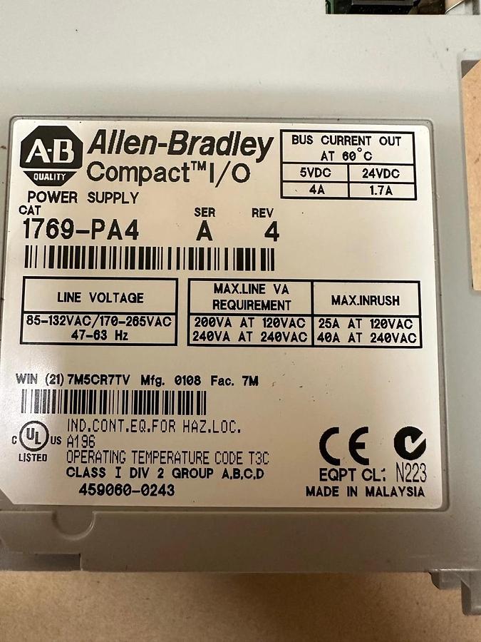 Used Allen Bradley 1769-PA4 Ser A Power Supply