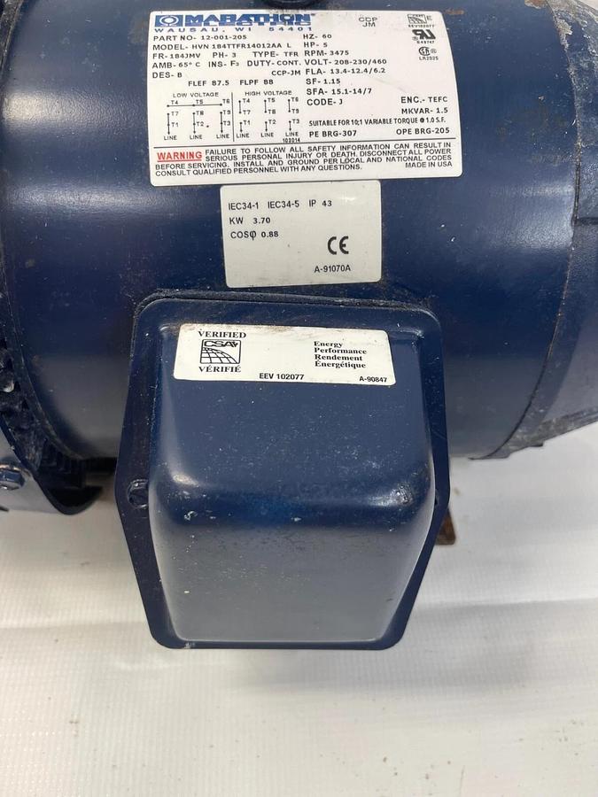 Used Marathon Electric HVN 184TTFR14012AA Motor 5 HP 60 Hz 3475 RPM 3-phase