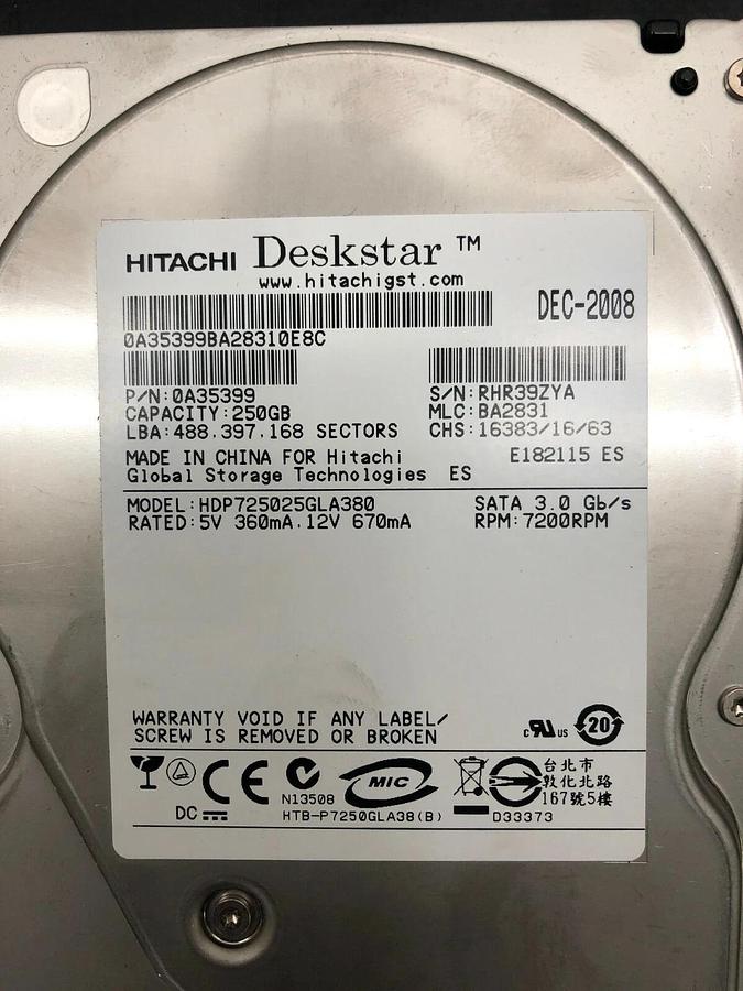 Used Hitachi HDP725025GLA380, 250 GB SATA Hard Drive