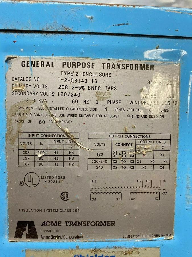 Used Acme T-2-53143-1S General Purpose Transformer, 3KVA