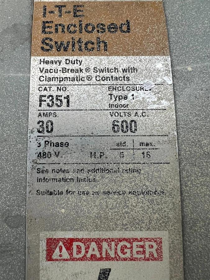 Used I-T-E F351 30 Amp Heavy Duty Enclosed Switch 600 Volts