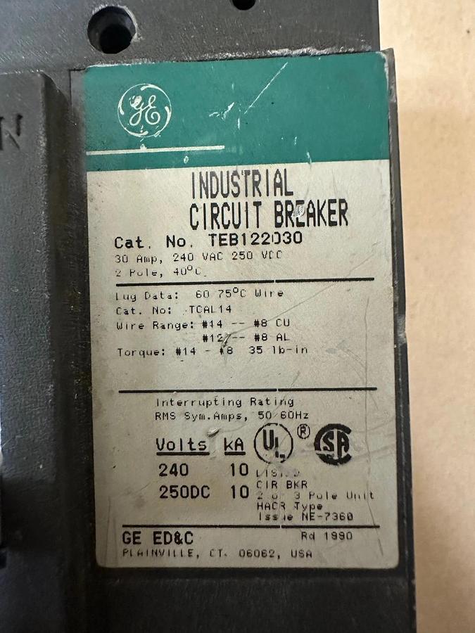 Used General Electric TEB122030 Industrial Circuit Breaker 30A